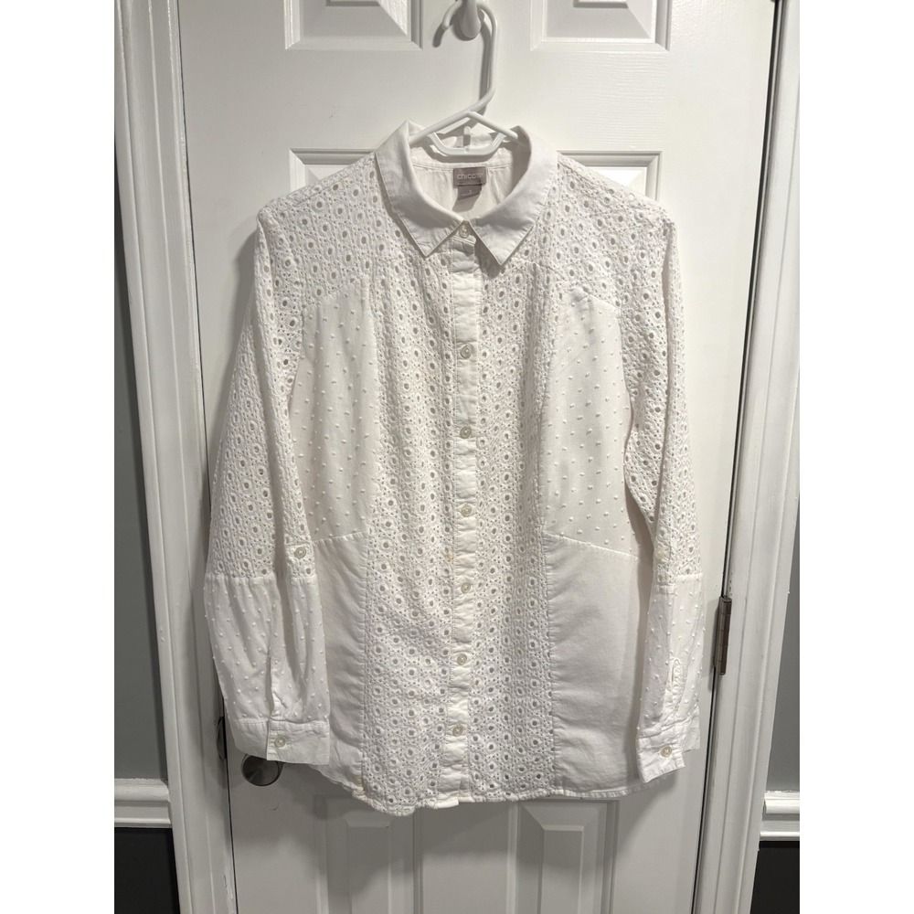 Chicos White Eyelet‎ Mix Swiss Dot Button Up Shirt Size 3 US XL Long Sleeve